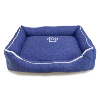 Cama cuadrada azul con huella y ribete 55x46x17 cm.