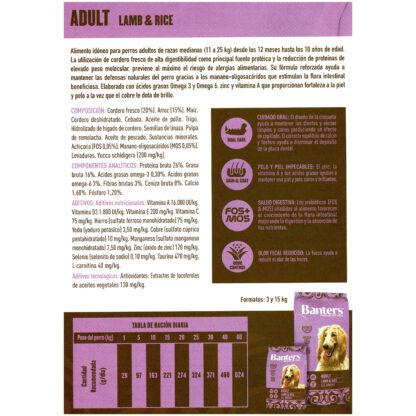 BANTERS DOG ADULT LAMB&RICE 3KG. - Imagen 2