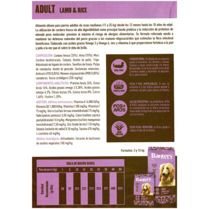 BANTERS DOG ADULT LAMB&RICE 15 KG. - Imagen 2